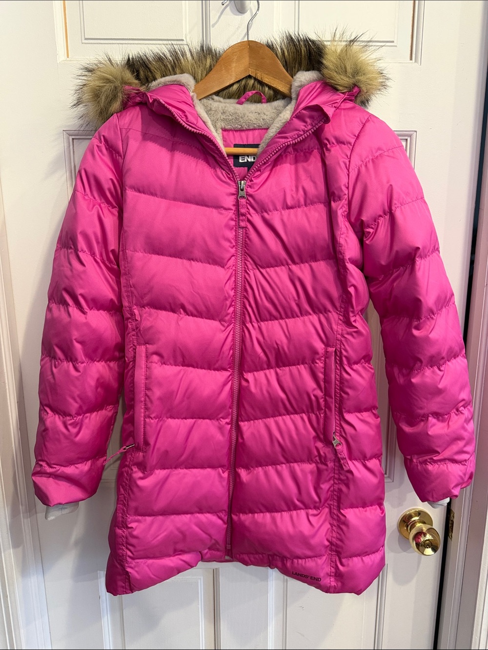 Lands' End Girls' fleece lined parka Puffer Coat with Faux Fur trim.